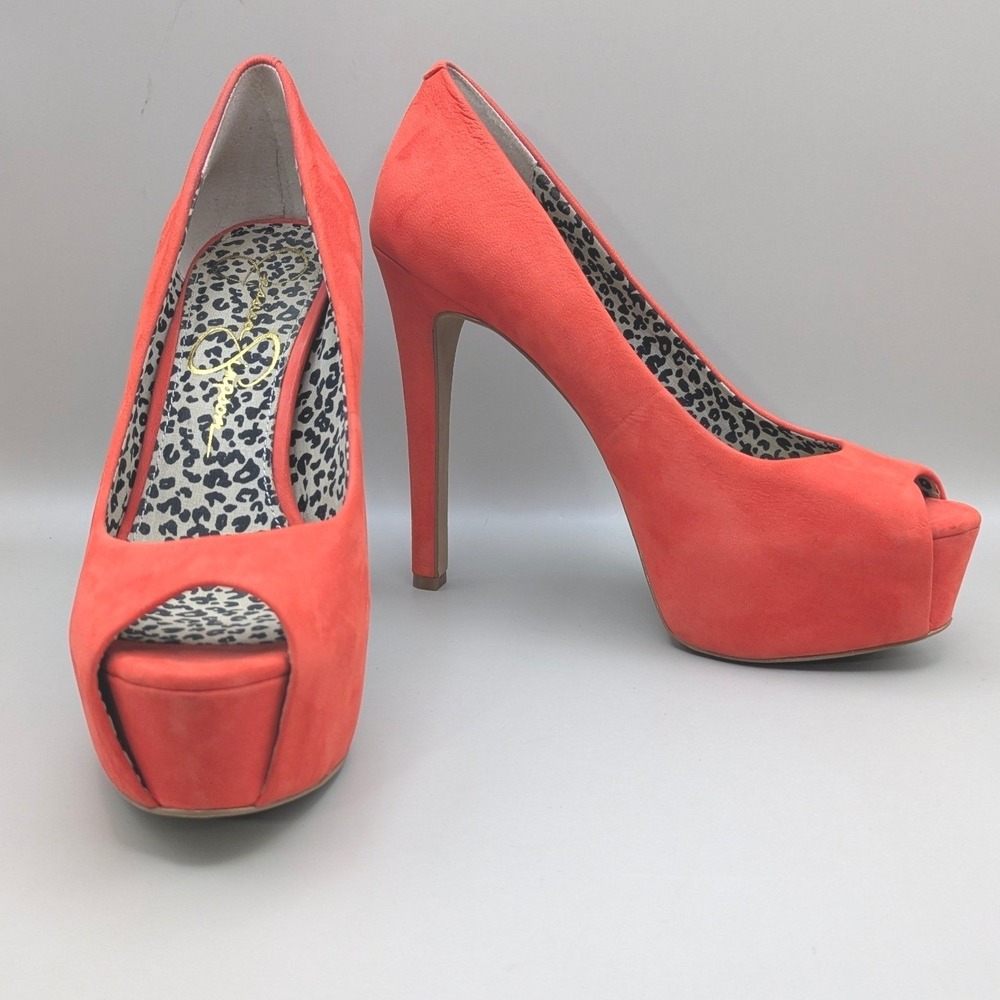 Jessica Simpson Carri Orange Coral Faux Seude Peep Toe Platform Stiletto Sz 6.5